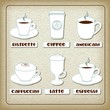 Set of cups with different coffee drinks on old carboard. Eps10