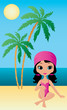 Pretty girl sits on a beach. vector