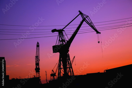 Photo: Silhouette of cranes in harbor Silhouette of cranes in harbor
