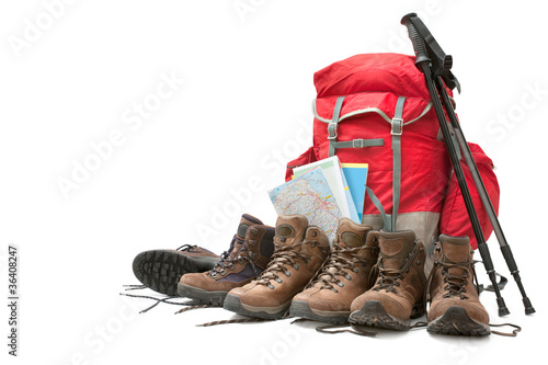 Photo: hiking equipment. Concept for family hiking hiking equipment. Concept for family hiking