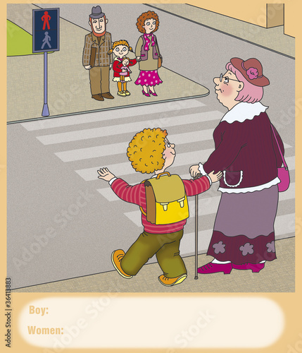 Illustration: boy woman offers to cross the road boy woman offers to cross the road