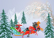 sleigh with three horses in winter forest