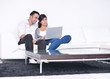 joyful couple relax and work on laptop computer at modern home