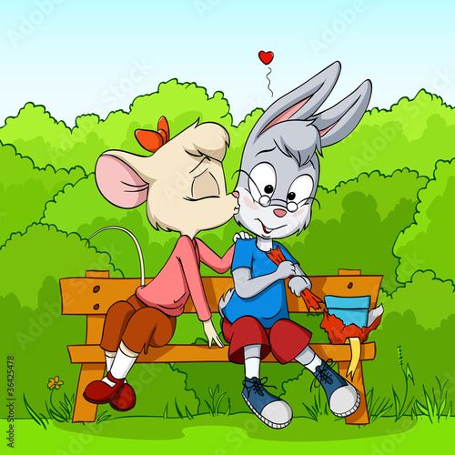 Vector: Little mouse kissing shy rabbit on bush background Little mouse kissing shy rabbit on bush background