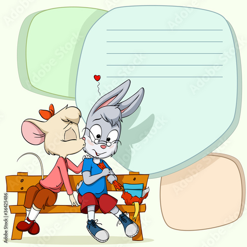 Vector: Little mouse kissing shy rabbit on text background Little mouse kissing shy rabbit on text background