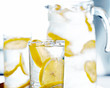 tray with glasses of lemonade.