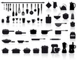 set di attrezzi, pentole e posate da cucina