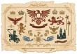 Heraldic set of lions, eagles, crowns and shields drawings
