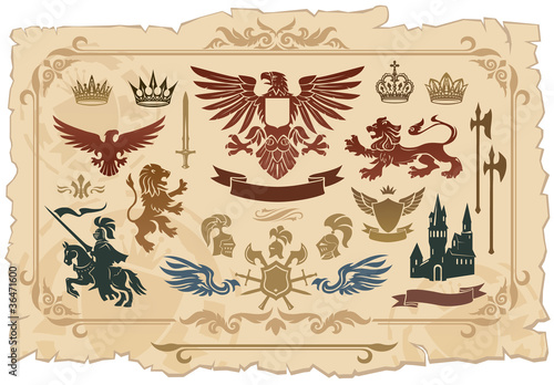 Vektor: Heraldic set of lions, eagles, crowns and shields drawings Heraldic set of lions, eagles, crowns and shields drawings