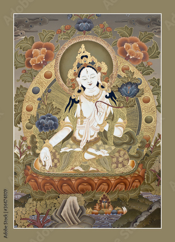 Photo: Inner part of ancient tibetan tangka "White Tara Goddes" Inner part of ancient tibetan tangka "White Tara Goddes"