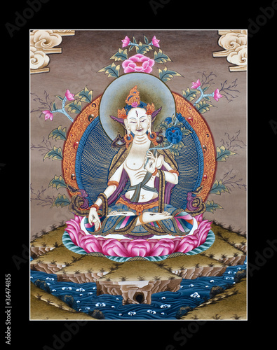 Photo: Inner part of ancient tibetan tangka White Tara on black Inner part of ancient tibetan tangka White Tara on black