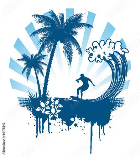 Vector: Palm and surfing on waves in grunge style Palm and surfing on waves in grunge style