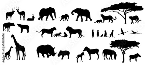 Vektor: Afrika Tiere Bäume Savanne Silhouetten Set Afrika Tiere Bäume Savanne Silhouetten Set