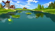 Animated frog, pelican & crocodile in the lake.