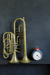 vintage brass instruments and retro clock