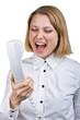 Business woman shouting into the telephone receiver