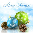 Christmas balls with cones on light blue background