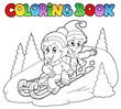 Coloring book two kids on sledge