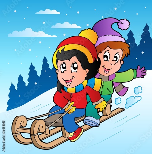 Vektor: Winter scene with kids on sledge Winter scene with kids on sledge
