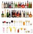 Set of different drinks and bottles. Vector illustration.