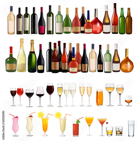 Vector: Set of different drinks and bottles. Vector illustration. Set of different drinks and bottles. Vector illustration.