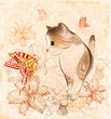 birthday card with little  kitten, flowers and butterflies