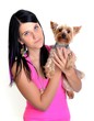 Pretty woman posing with puppy. Isolated on white