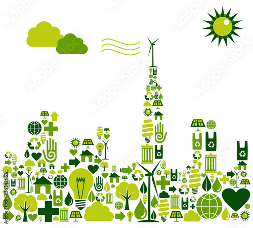 Vector: Green City silhouette with environmental icons Green City silhouette with environmental icons