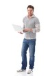 Casual man holding laptop smiling