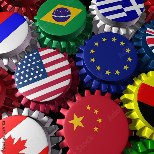 Illustration: Global economy machine with U.S.A and Europe in the center Global economy machine with U.S.A and Europe in the center