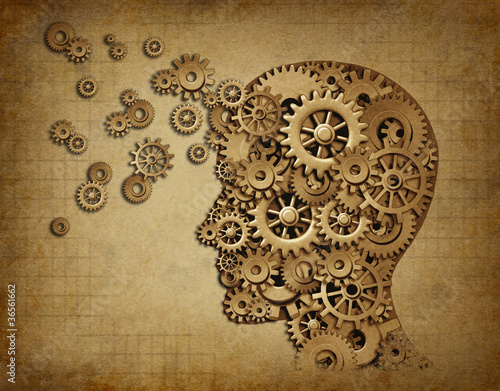 Illustration: Human brain function grunge with gears Human brain function grunge with gears