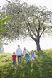 Family walking together under tree in park