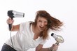wild young woman with two hairdryer