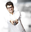man with tv control