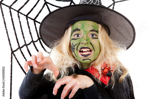 Photo: Scary green witch for Halloween with spiderweb Scary green witch for Halloween with spiderweb