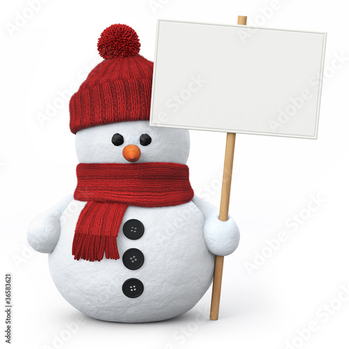 Illustration: Snowman with woolen hat and signboard Snowman with woolen hat and signboard