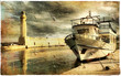 light house in Rethimno harbor - artwork in retro style