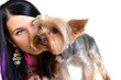 woman with puppy isolated on white background