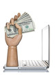 Foto: Manikin hand holding money on a computer laptop Manikin hand holding money on a computer laptop