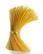 spaghetti tied with green ribbon running on white background