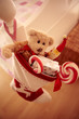 Close up of Christmas stocking hanging from bed
