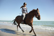 Girl riding horse on beach