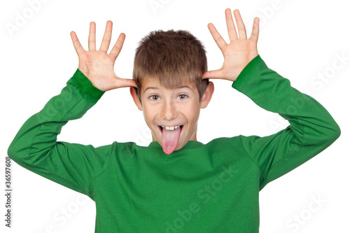 Photo: Funny child with green t-shirt mocking Funny child with green t-shirt mocking