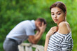portrait beautiful young couple man woman quarreled