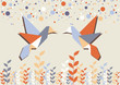 Origami hummingbird couple over beige