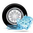 car tire with blue sponge and water trace