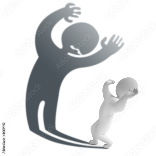 Illustration: A person is afraid of his own shadow, 3d render A person is afraid of his own shadow, 3d render