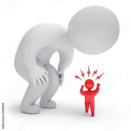 Illustration: A large white man looks down curiously at the evil little man A large white man looks down curiously at the evil little man