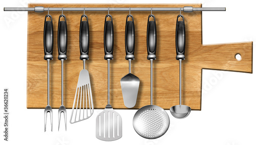 Illustration: Set kitchen utensils on the chopping board Set kitchen utensils on the chopping board