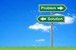 Arrows road sign problem solution on sky background.